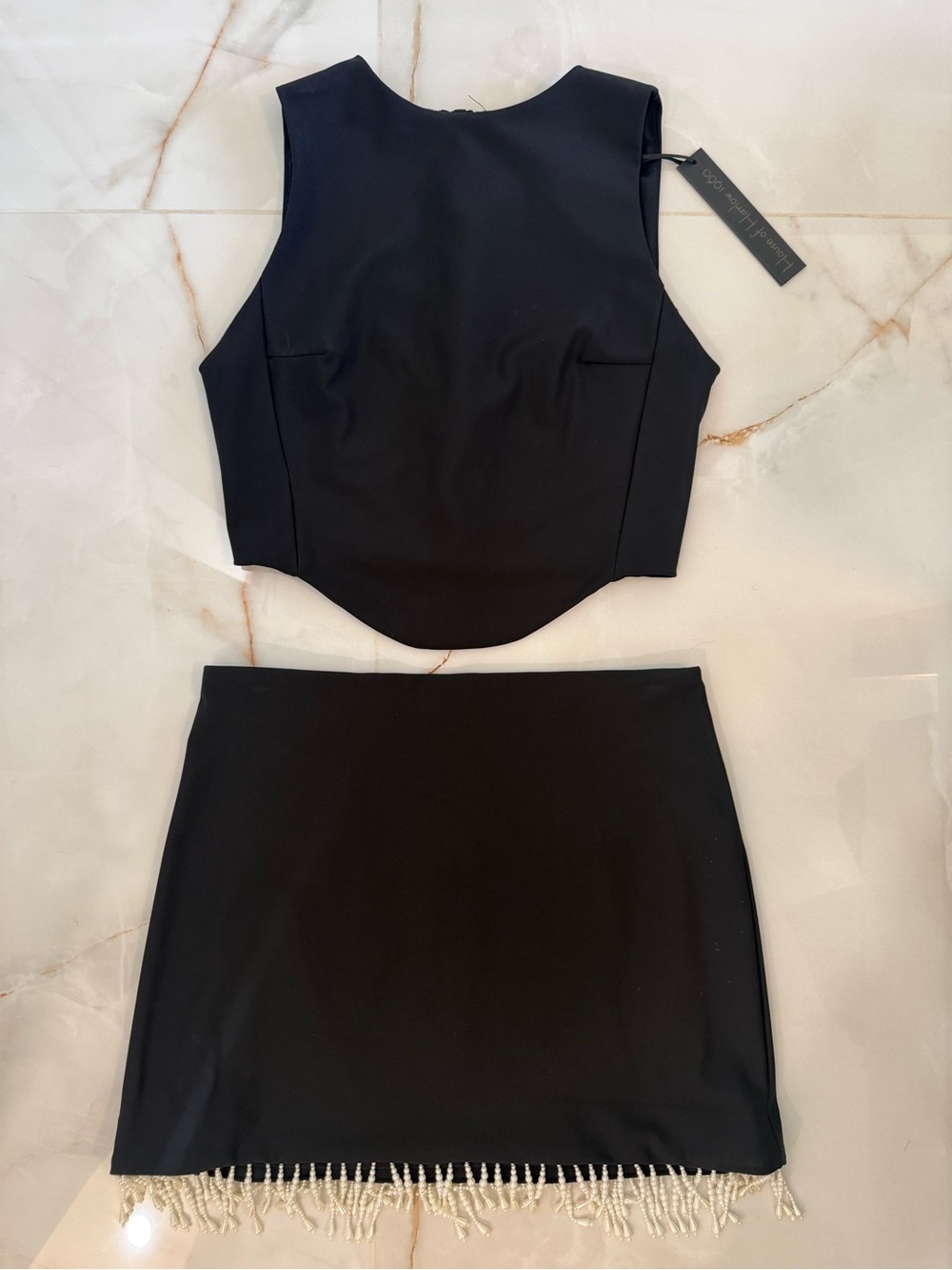 HOUSE OF HARLOW Black Pearl Beaded Hem Set - Top & Skirt